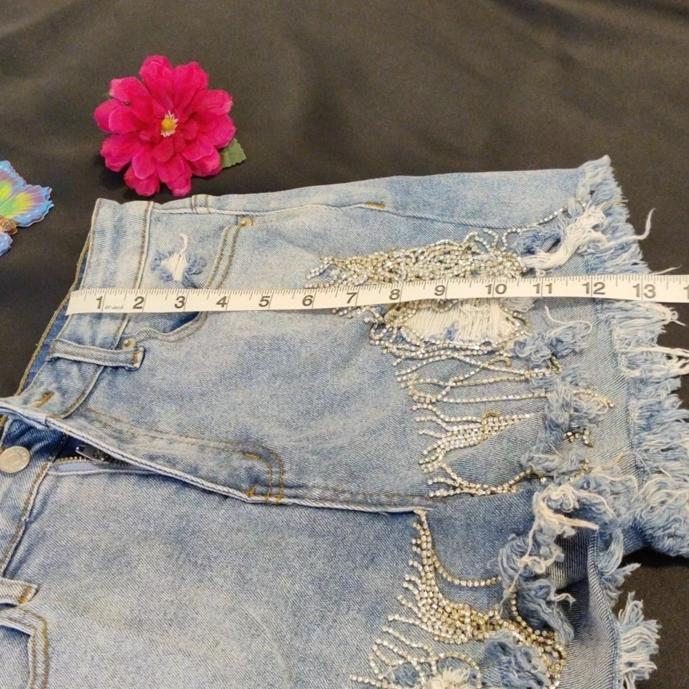 AKIRA Denim shorts Rhinestone fringed.